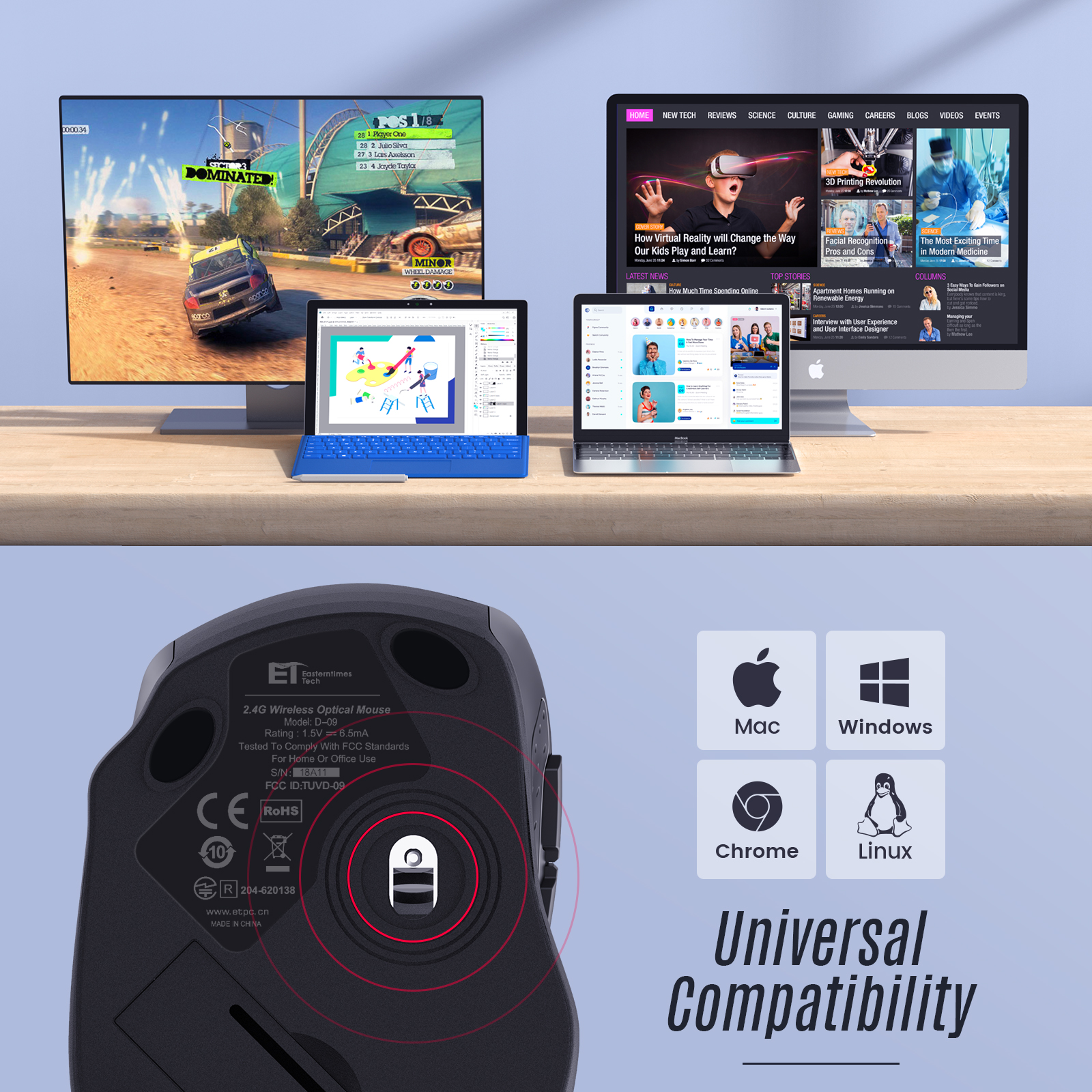 VicTsing 2.4G Wireless Computer Mouse USB Cordless Mice for Laptop, Ergo Grips, 800-2400 DPI, 16 Months Battery, Auto-sleep Mode, Portable Computer Mouse for PC Mac Chromebook, 6 Button - Black