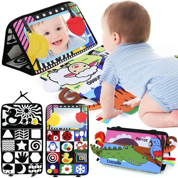 LotFancy Baby Tummy Time Mirror Toys, Crinkle Cloth Book Black and White High Contrast Infants Toys