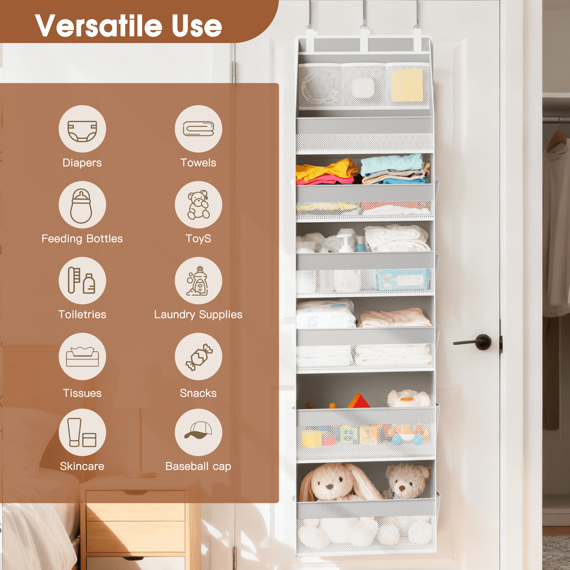 Criusia Over the Door Organizer  for baby ,  6-Shelf  Thickened non-woven fabric Closet Hanging Storage, 3 Pcs upgrade hooks, 55lbs Capacity, Gray