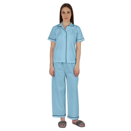 Inkmeso Women Cotton Nightwear Pajamas Set Classic Short Sleeve 2 Pc Shirt & Pajama Loungewear