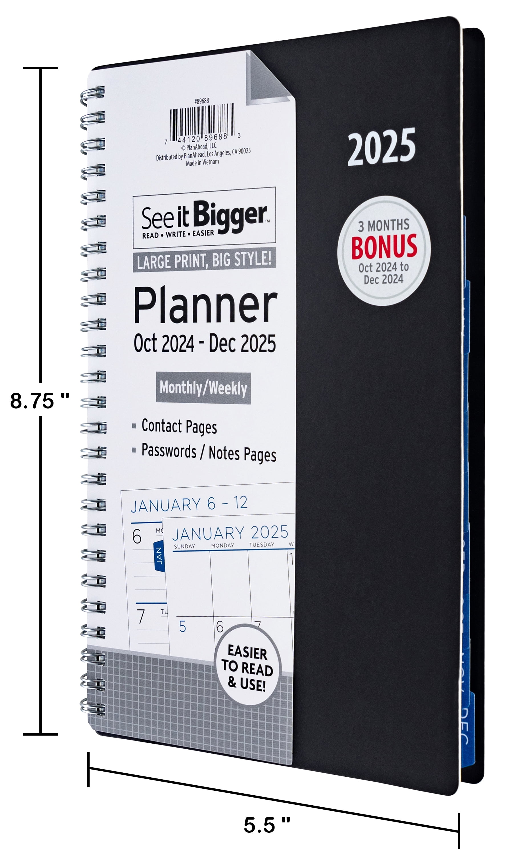 See it Bigger October 2024 - December 2025 Weekly Dated Planner (5.75"x 8.75") Black