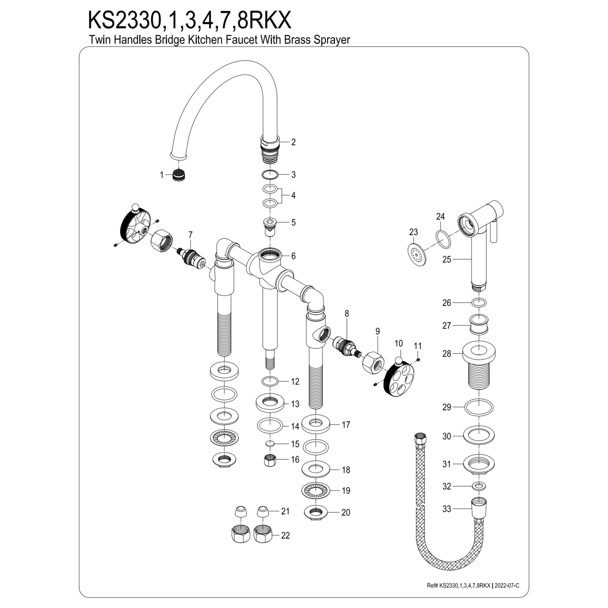 Kingston Brass KS2334RKX Webb Two-Handle 4-Hole Deck Mount Bridge Kitchen Faucet with Knurled Handle and Brass Side Sprayer in Black Stainless