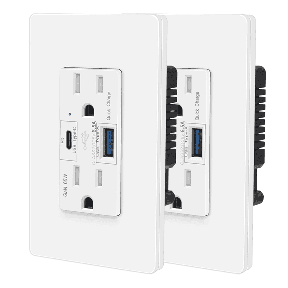 65W USB C PD Outlet Fast Charging for Laptop,Nineleaf 2PK GaN Type C Outlet,15 Amp Tamper Resistant Receptacle Plug,Electrical USB Socket Charge for Mac Air,iPhone 15,Android,UL Listed