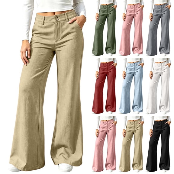 Linen Blend Flare Dress Pants for Women High Waist Double Button Loose Bootcut Pants Business Casual Pants with Pockets for Daily office White