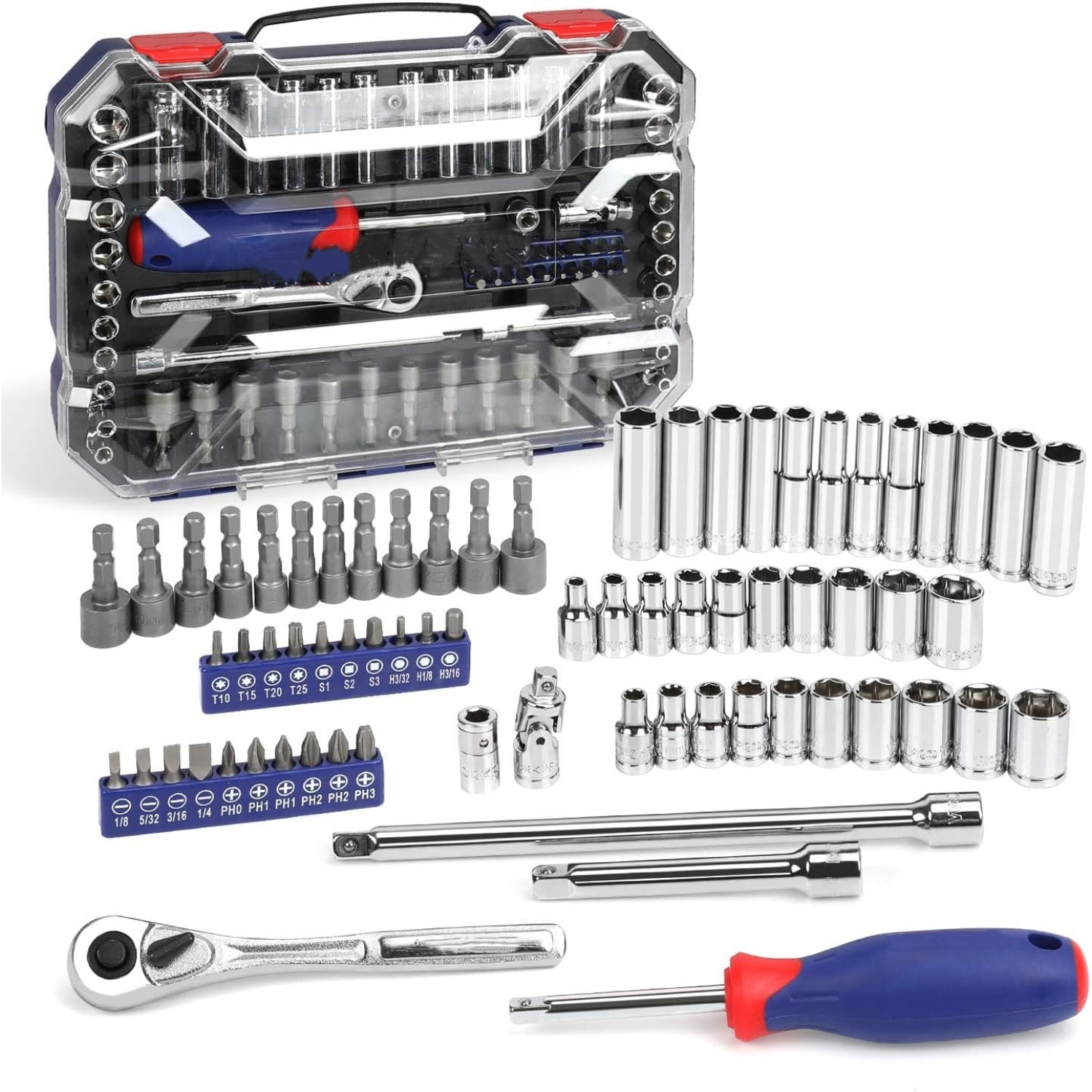 70-Piece 1/4" Drive Socket Set with Quick-Release Ratchet, Metric and SAE for Auto Repairing & Household