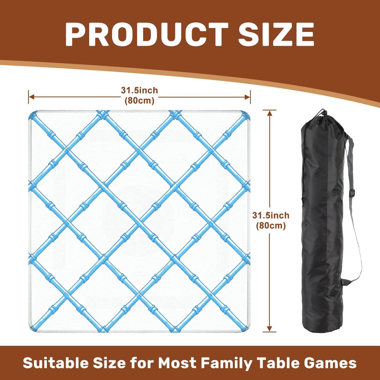 Mahjong Mat with Carrying Bag 31.5" x 31.5" Non-Slip Noise Reduction Patterned Wire Fence Table Mat for Mahjong Poker Dominoes Card Board Tile Games