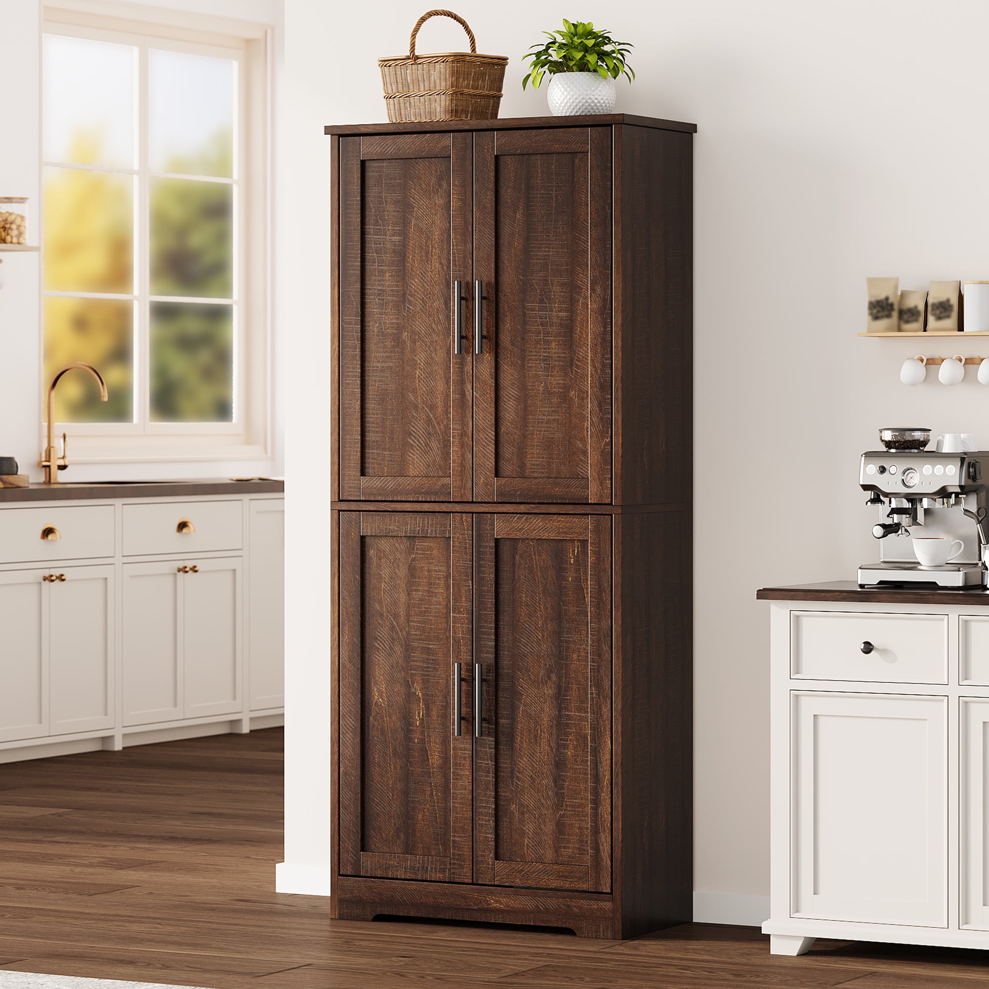Modern Tall Freestanding Pantry Cabinet, Multipurpose Home Organizer – 70" Storage Cupboard with 4 Doors, Adjustable Shelves, Open Shelf – for Living Room, Bedroom, Bathroom – Brownish-red