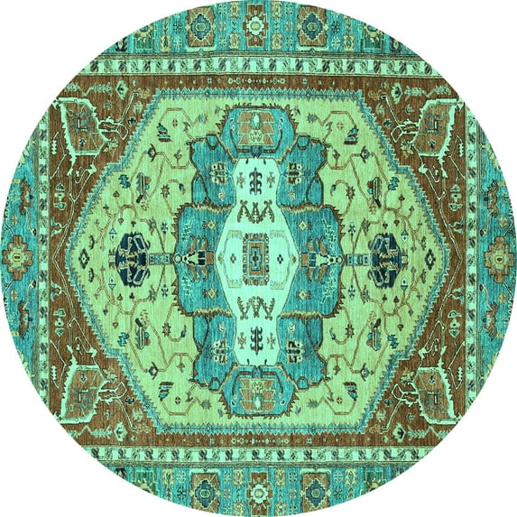 Ahgly Company Machine Washable Indoor Round Abstract Turquoise Blue Modern Area Rugs, 7' Round