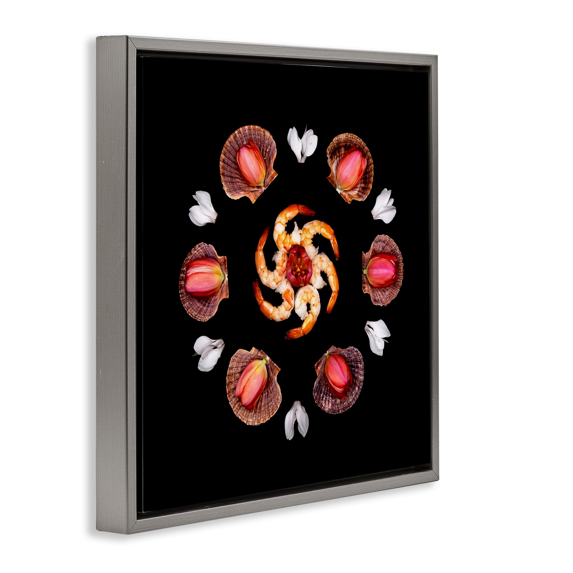 Stupell Industries Seashells & Tulips Symmetry Gray Framed Floater Canvas Wall Art, design by Beth Adoette