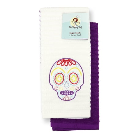 Arkwright Set of 2 Kitchen Towels Embroidered Sugar Skull Design 16 x 26 100% Cotton White & Purple