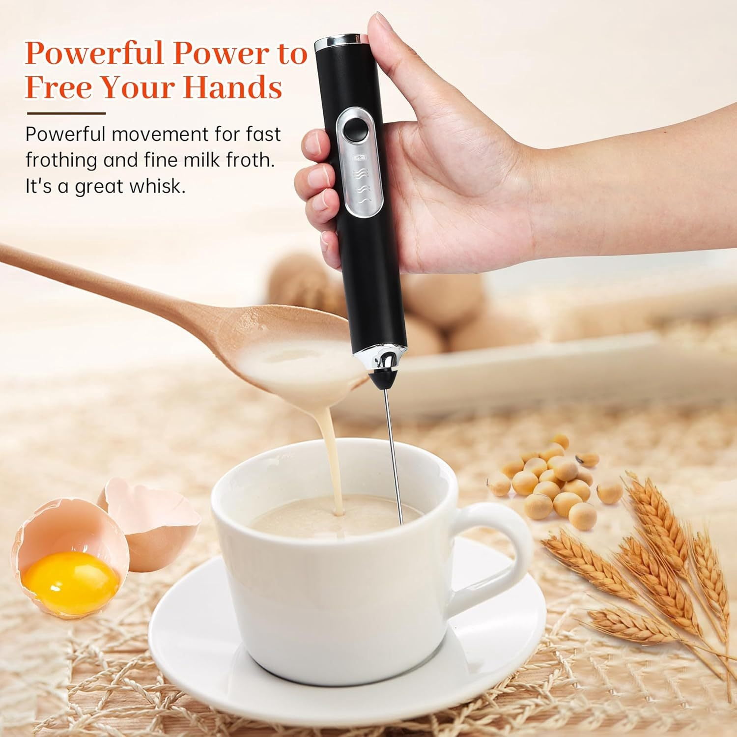Milk Frother with Stand, 3 Speed Adjustable Handheld Electric Whisk, Drink Mixer with Stainless 3 Whisk, Hand Frother Wand Rechargeable, Foam Maker for Cappuccino Hot Chocolate Egg Latte