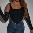 thumbnail image 4 of Njoeus Corset Tops for Women Basic Long Sleeve Crop Top Rhinestone Sheer Mesh Tee Shirt Party Clubwear Bustier Tops Summer, 4 of 8