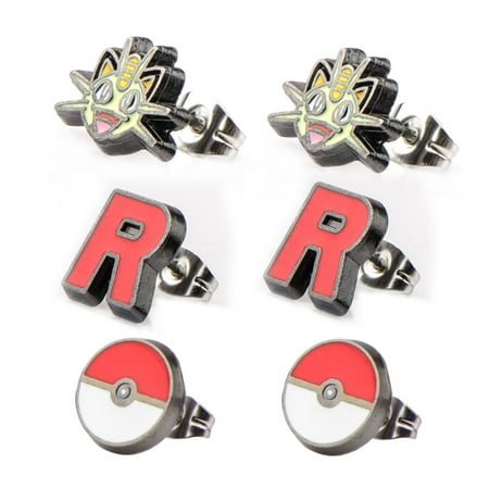 Pokemon Meowth Team Rocket Pokeball Stud Earrings Set Of 3 Pokemon Meowth Team Rocket Pokeball Stud Earrings