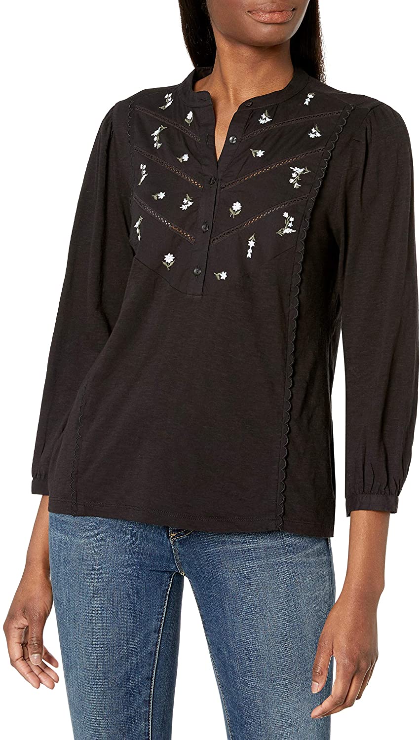 Lucky Brand Women's 3/4 Sleeve Henley Embroidered Top, Lucky Black, L
