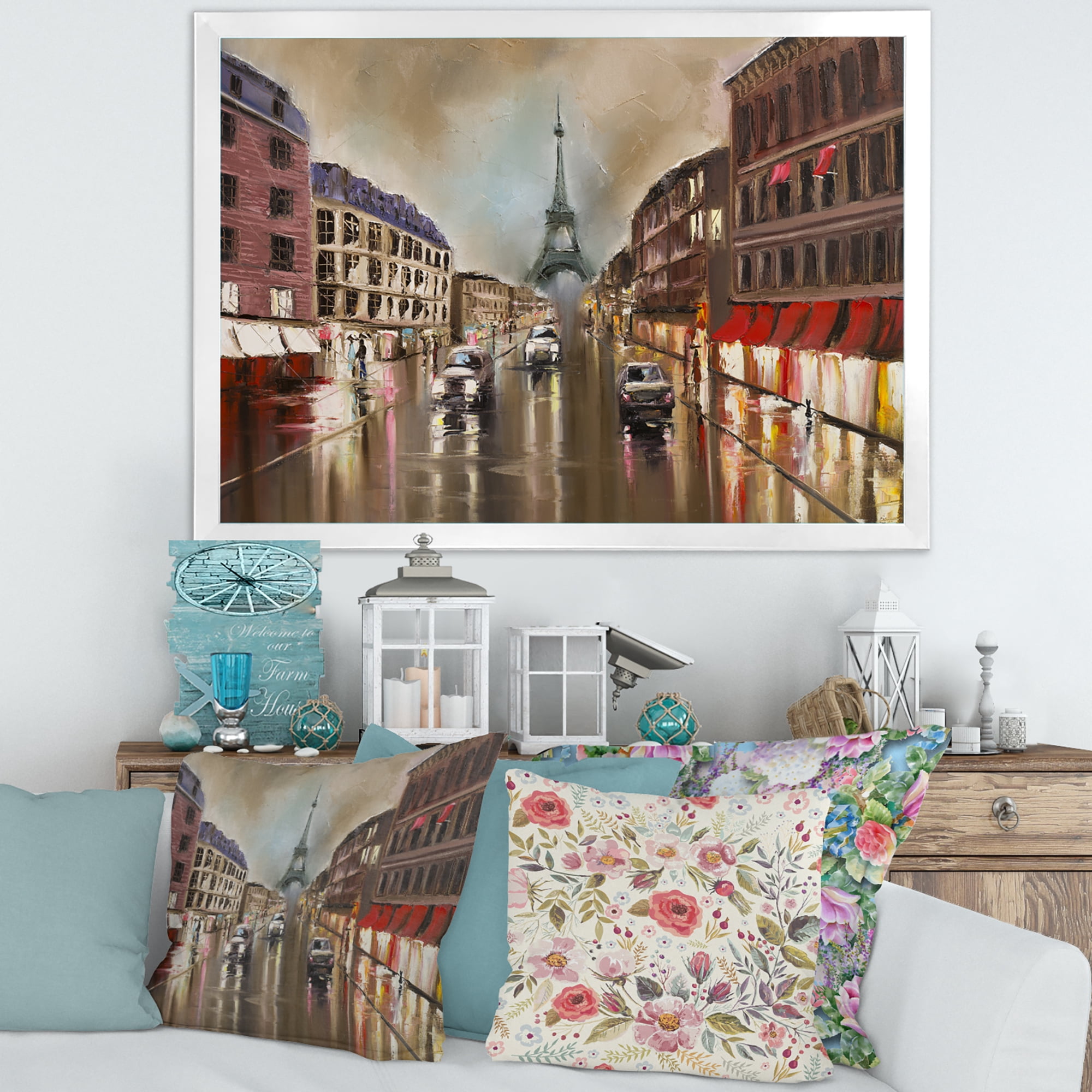 Designart 'Quiet Rainy Street In Gray Eiffel Tower Paris' Traditional Framed Art Print