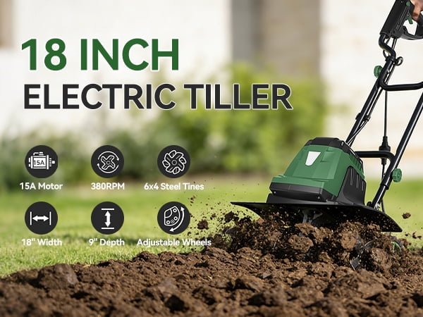 18 Inch Electric Tiller Cultivator, 15 Amp Corded Tiller with Foldable Handle, 6 Steel Tines with Wheels for Lawn, Garden and Field Soil Cultivation