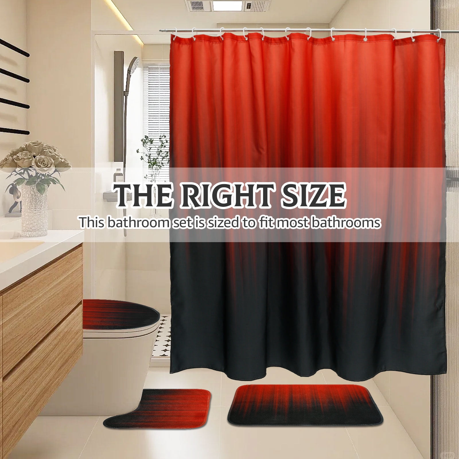 Dznils Black and Red Ombre Shower Curtain Set with Rug, 16pc Modern Bathroom Decor Set, 72" x 72"