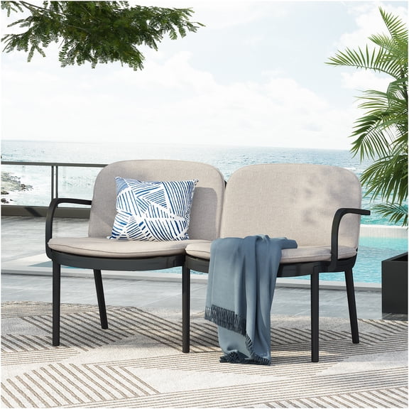JERFIT Outdoor Loveseat with Cushions, 2-Person Patio Sofa for Garden, Balcony, Poolside, All-Weather Black PP Frame & Beige Water-Repellent Seat