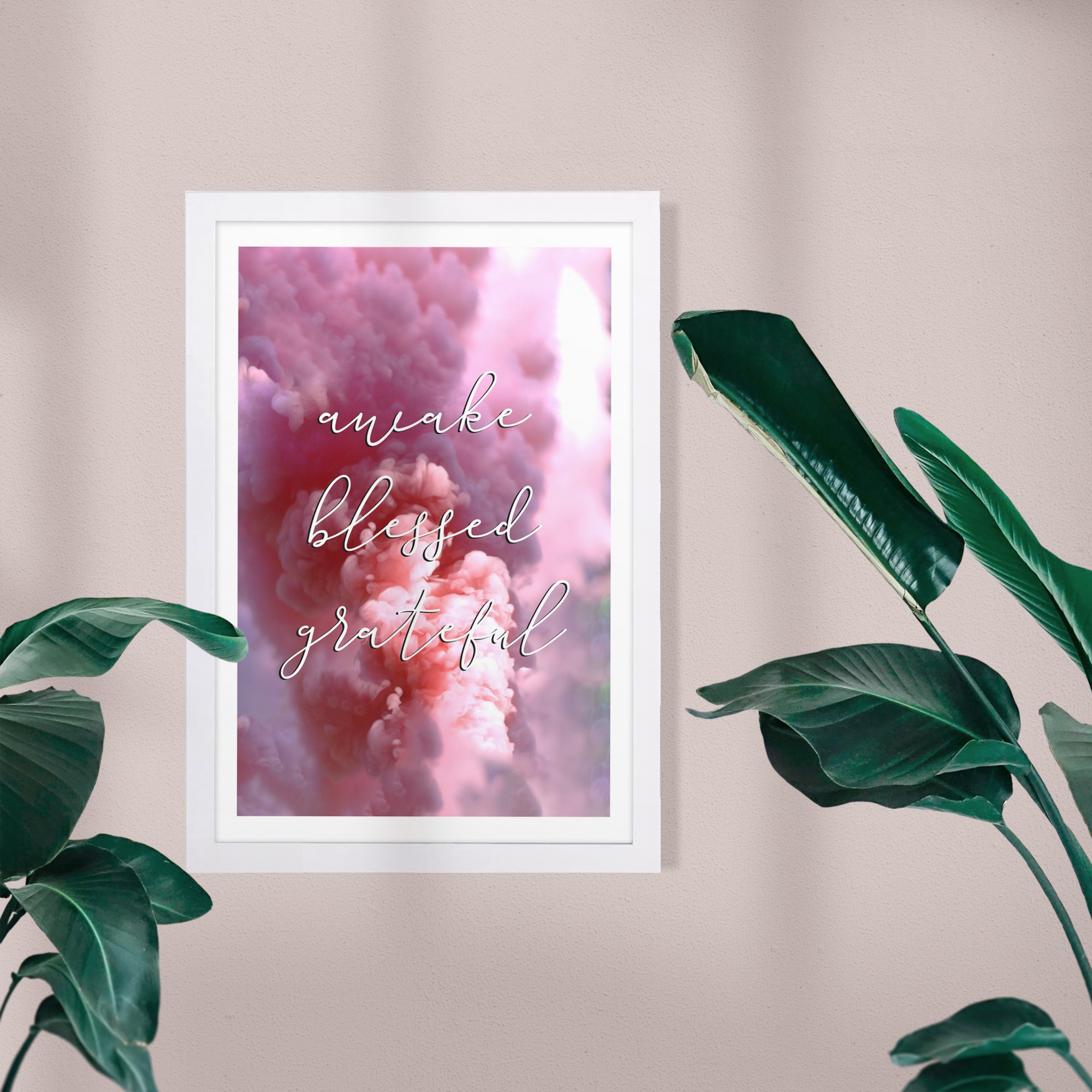 Wynwood Studio Typography and Quotes Framed Wall Art Prints 'Awake and Blessed' Inspirational Quotes and Sayings - Pink, White, 13" x 19"
