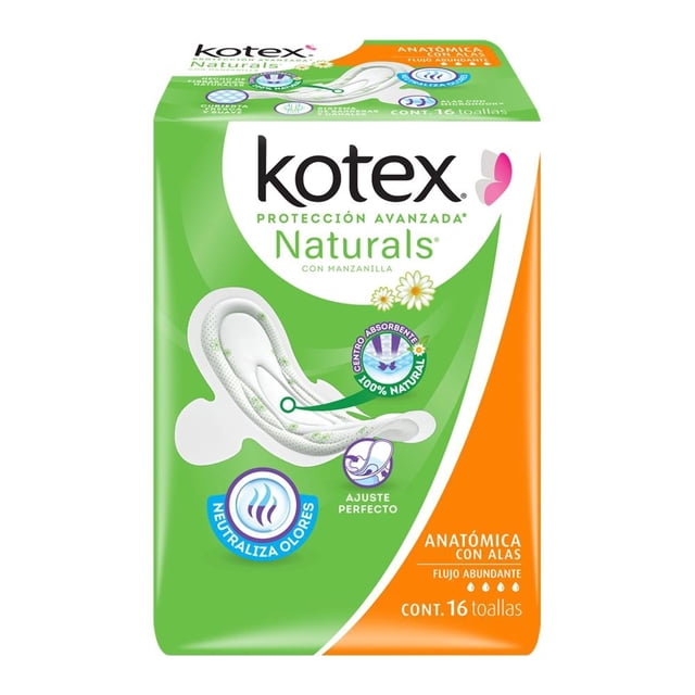 Toallas femeninas Kotex Protección Avanzada anatómica flujo abundante con alas 16 pzas