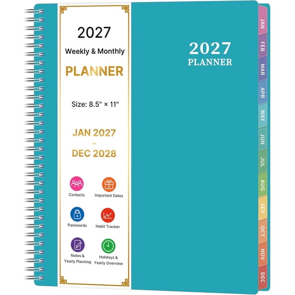 2027 Planner - Weekly & Monthly Planner 2027, Jan 2027 - Dec 2027, 8.5" x 11", Colorful Tabs, Flexible Cover, -wire, Holidays, Pocket, To-do & Notes, 2027 Calendar Planner for office, , School