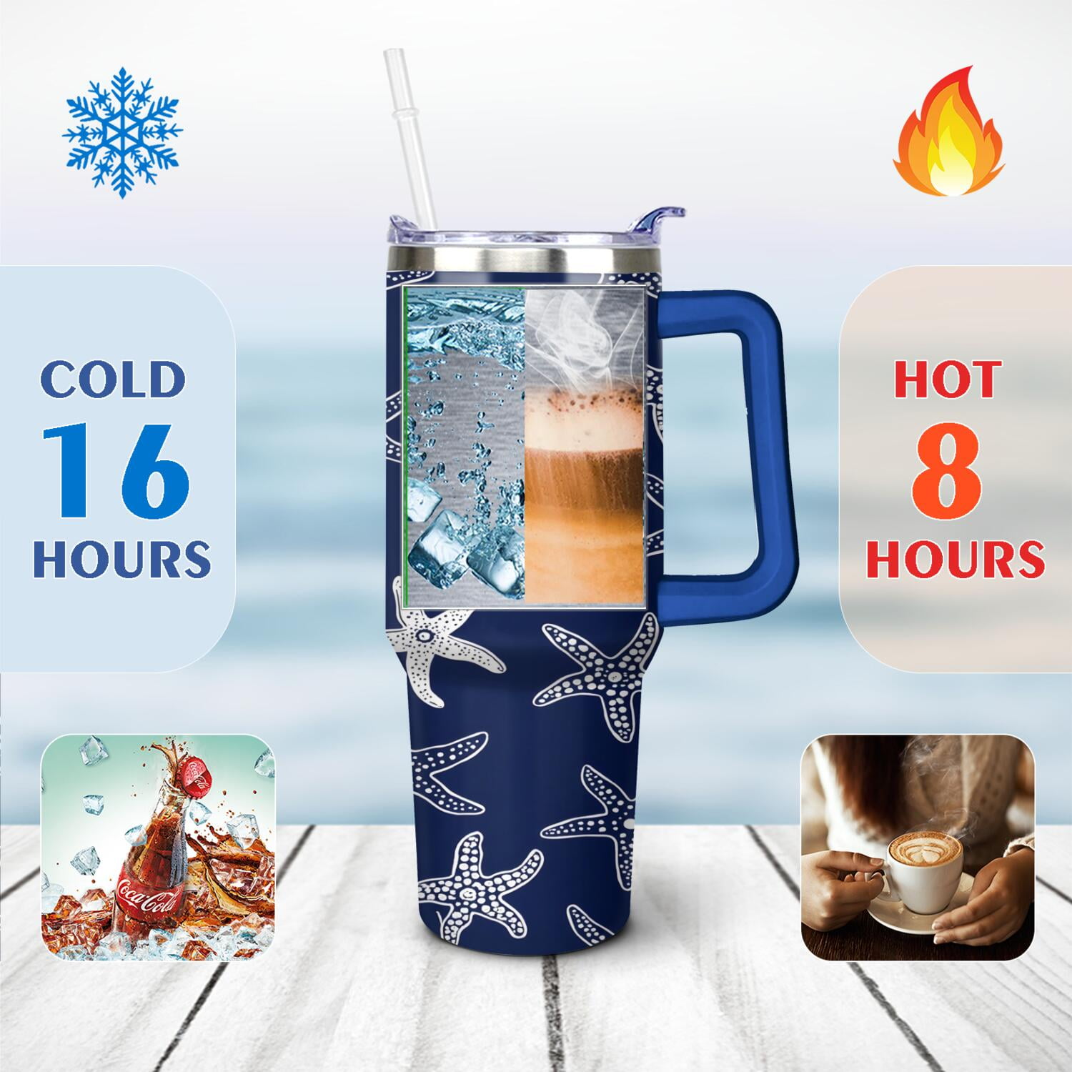 40 oz Tumbler Starfish with Handle Stainless Steel Travel Mug Leak Resistant Cup Car Cup Holder Friendly for Gym Travel Office