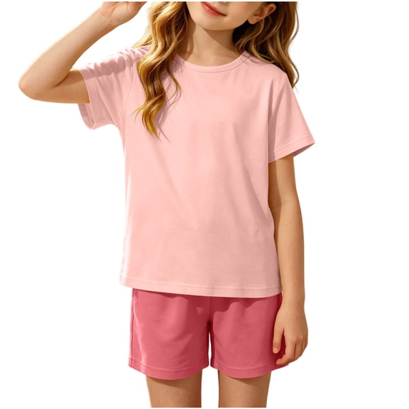 Cethrio Girls' Pajama Sets Short Sleeve, Casual 2 Piece Summer Breathable Girls' Sleepwear Pink Size 14-16
