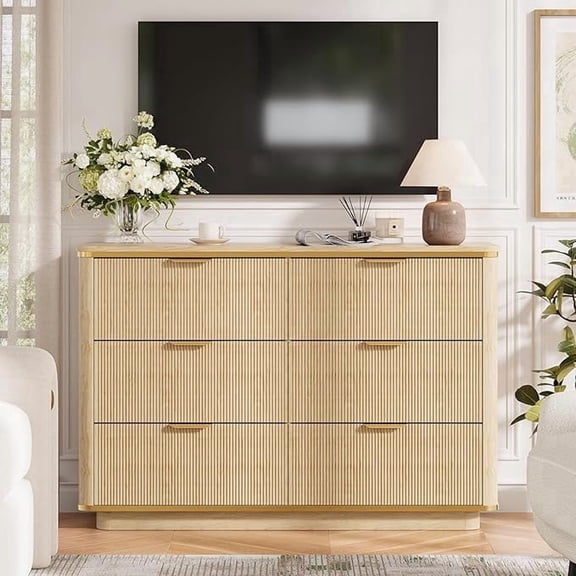 HoopieHome Modern Fluted 6-Drawer Double Dresser, 47 Inch, Oak Brown with Gold Handles