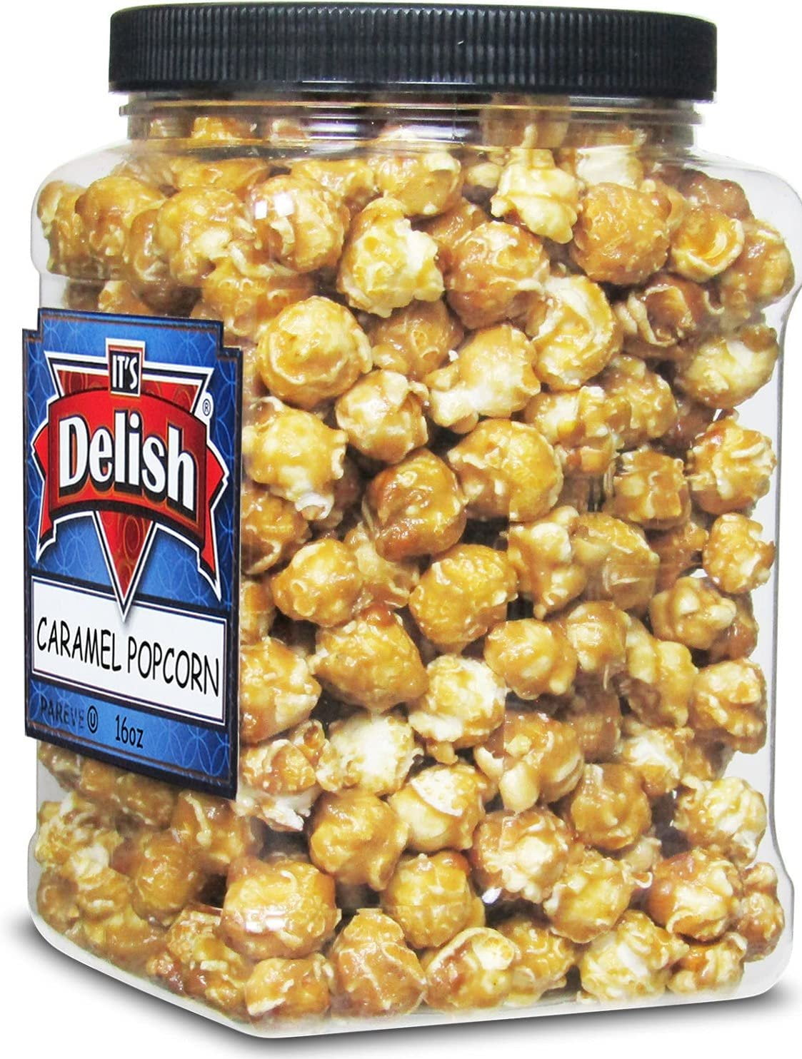 Gourmet Caramel Popcorn by Its Delish, 16 OZ Jumbo Container  Original Caramel Corn Air Popped Sweet and Crunchy Glazed Carmel Corn Snack, Movie Night, Parties, Events - Gluten Free, Vegan, Kosher