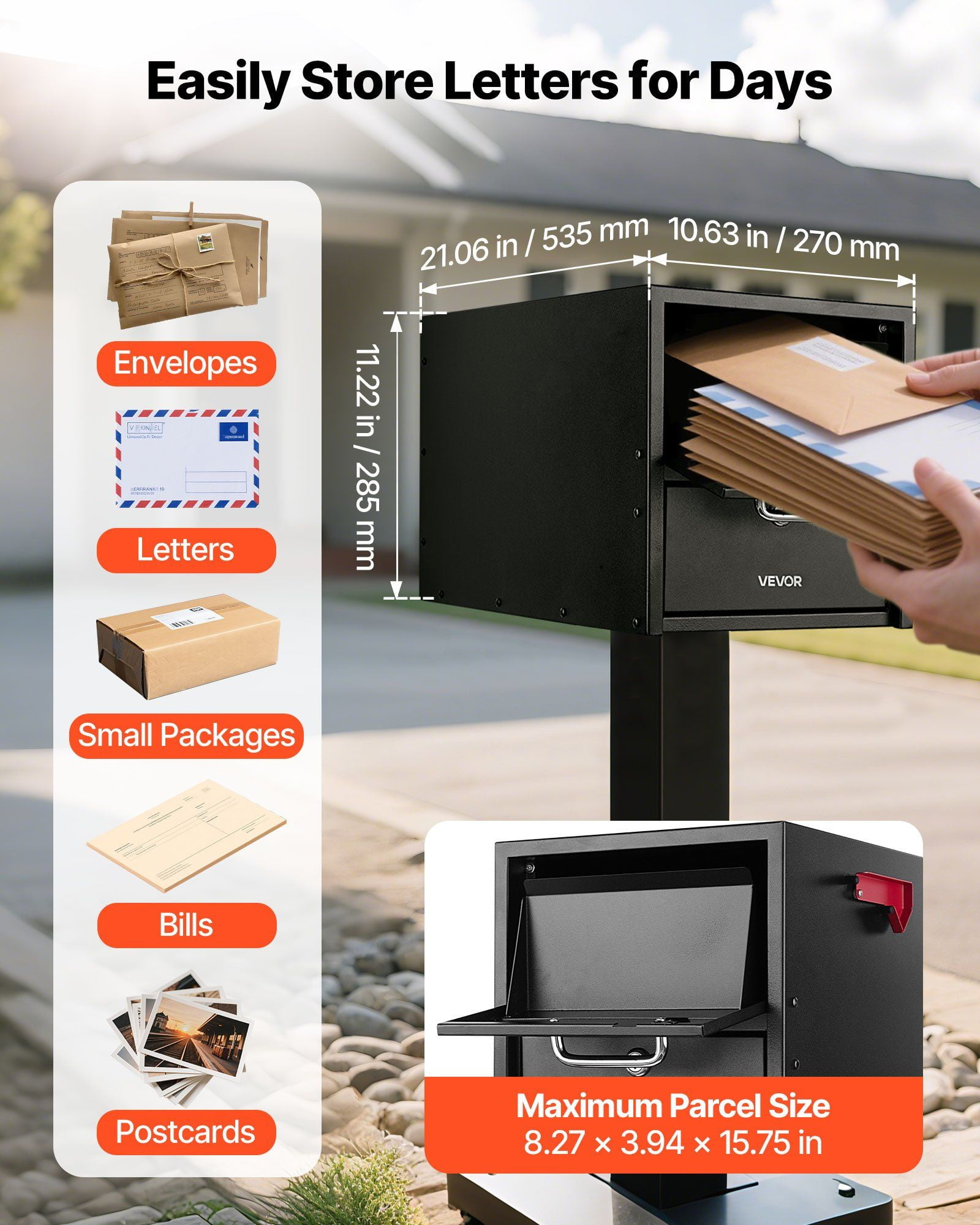 21.06" L x 10.63" W Security Mail Box for Outside Post Mount, Anti-Pry Design with Lockable Key Entry and Smooth Closing Magnetic Door, Large Capacity Metal Mailbox
