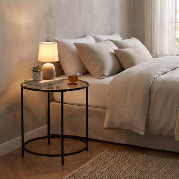 LEDREM Round Side Table, Glass End Table with Metal Frame, Modern Coffee Table, for Living Room, Balcony, Bedroom, Matte Black and Clear Glass