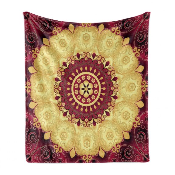 Purple Mandala Soft Flannel Fleece Throw Blanket, Pattern with Baroque Victorian Featured Old Fashion Effect Artwork, Cozy Plush for Indoor and Outdoor Use, 70" x 90", Maroon Yellow, by Ambesonne