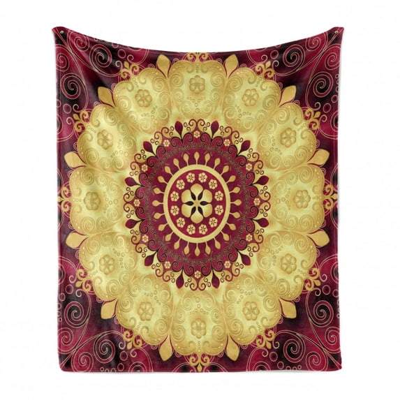 Purple Mandala Soft Flannel Fleece Throw Blanket, Pattern with Baroque Victorian Featured Old Fashion Effect Artwork, Cozy Plush for Indoor and Outdoor Use, 60" x 80", Maroon Yellow, by Ambesonne