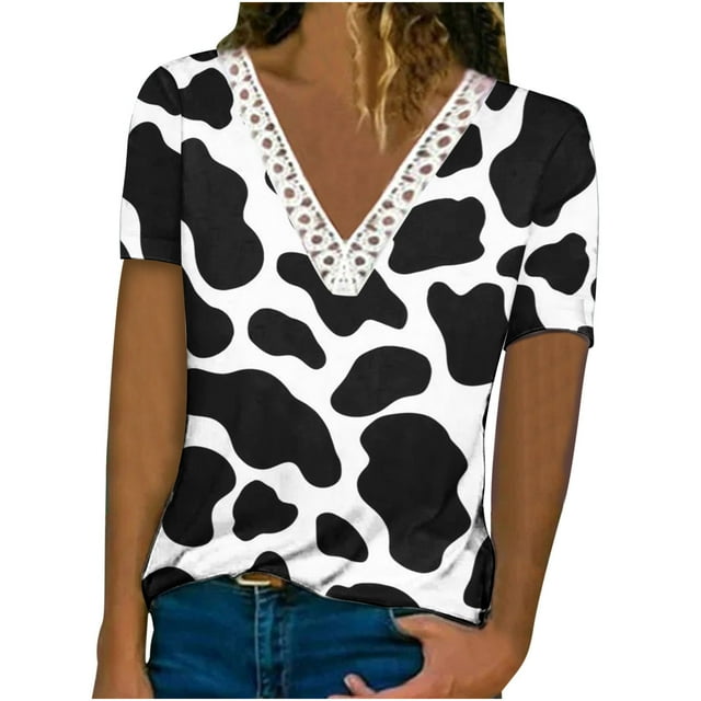 Pompotops Femmes Mode Imprimé Casual V-Cou Manches Courtes T-Shirt Chemisier Tops