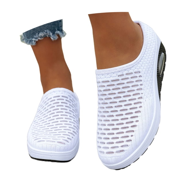 XEGLSBU Sabots Mule à Coussin d'Air en Maille Extensible Tricotée pour Femmes Mode Confortables Bout Rond Fermé Respirants à Enfiler à Talon Compensé Mules Orthopédiques Espadrilles pour l'Été Décontractées Plage Marche Pantoufles