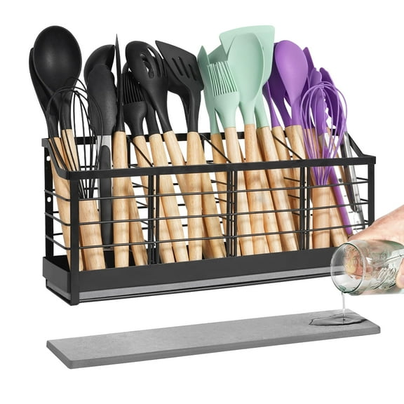 Large Utensil Holder for Kitchen Counter:Kitchen Cooking Utensil Holder Organizer with Diatomaceous Earth Base Matte Black (4 Compartments)
