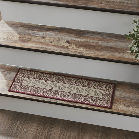 VHC Brands Custom House Burgundy Tan Jacquard Indoor/Outdoor Stair Tread Rect Latex 8.5x27, Polyester Entry, Living Room Stair Tread, Country Style, Farmhouse, Custom House Collection, Burgundy