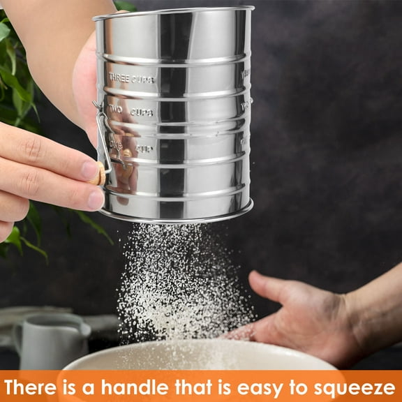 3Cup Flour Sifter Stainless Steel Fine Mesh Baking Sifter with Handle Rustproof Hand Press Flower Sifter Manual Baking Sieve Cup Household Powdered Sugar Sifter for Home