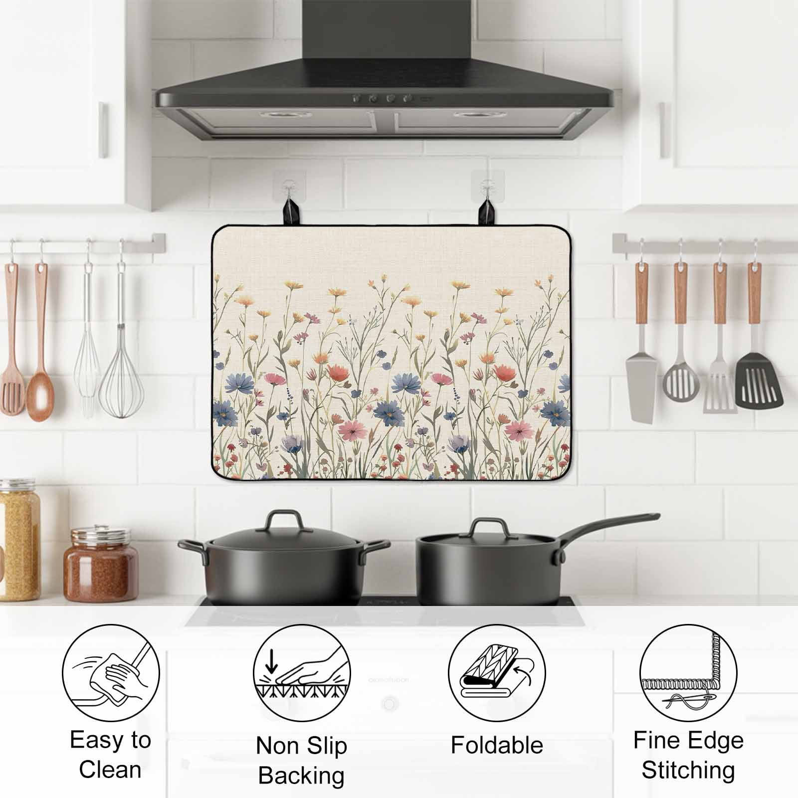 Spring Floral Stove Top Cover for Electric Stove, Heat-proof & Non Slip Glass Top Stove Cover Protector, Watercolor Rustic Summer Botanical Kitchen Flat Cooktop Rubber Mat 24x21 Inches
