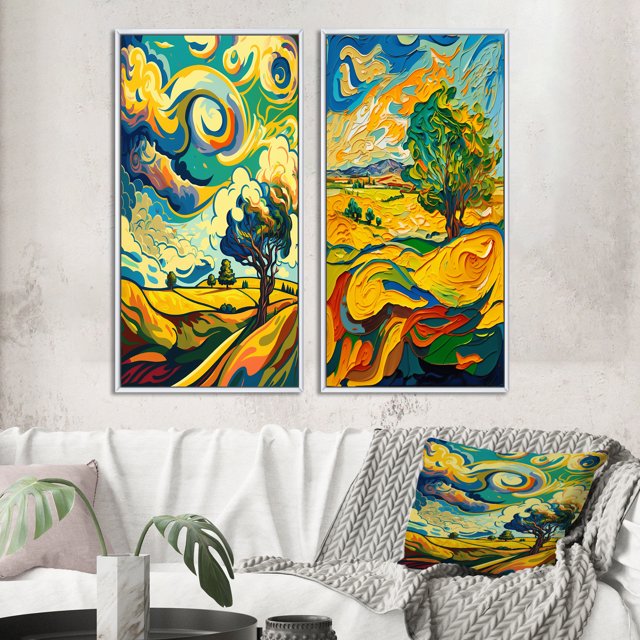 Designart "Countryside Art Swirling Vibrant Tree I" Meadow Framed Wall Art Set Of 2 - Traditional Gold Framed Canvas Set For Living Room Decor