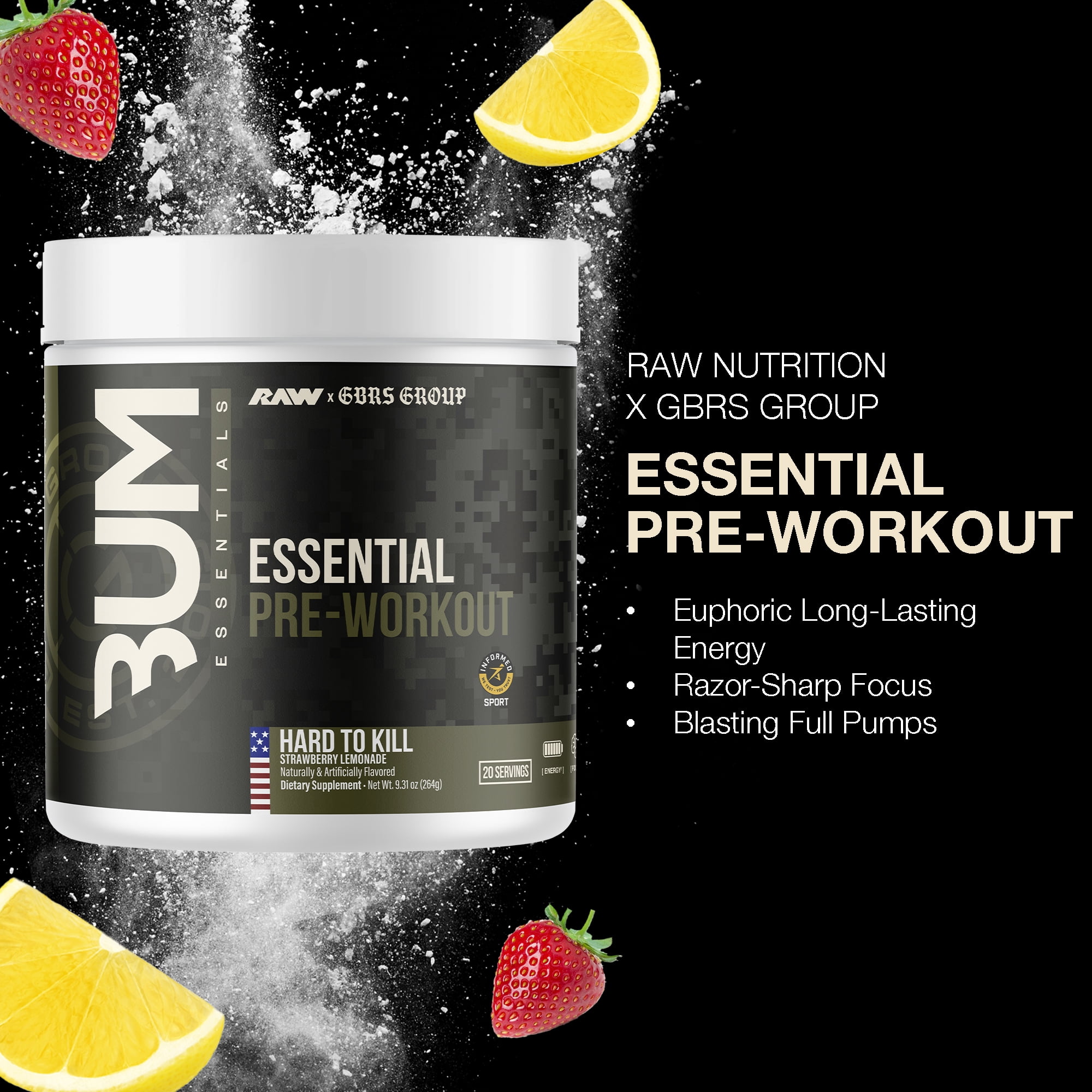 Raw Nutrition x GBRS Group Essentials Pre Workout Powder, Hard to Kill Strawberry Lemonade, 20 Servings