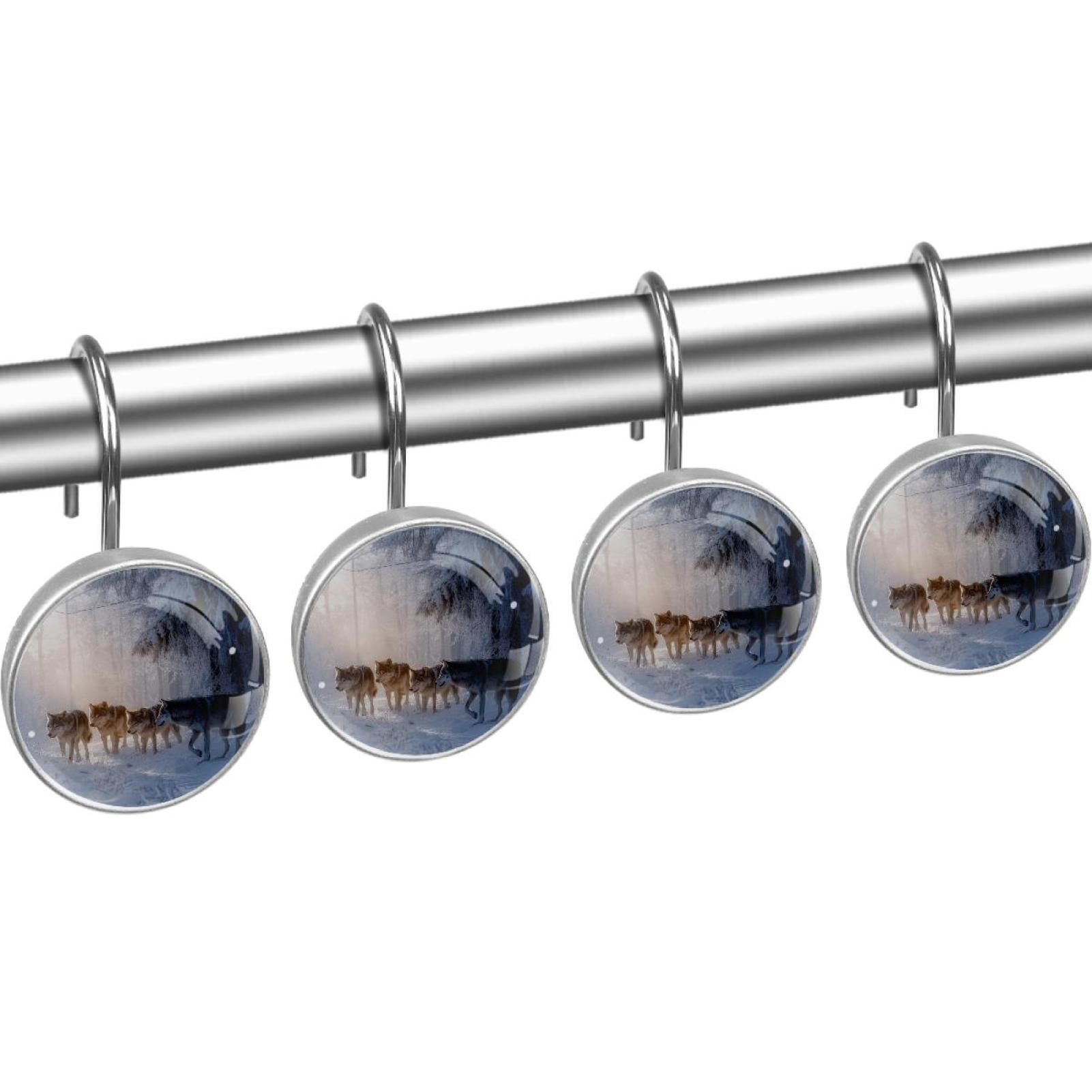 Wolves on Cold Forest Shower Curtain Hooks Round Crystal Glass, Set of 12 Shower Curtain Rings - Shower Hooks for Curtain Shower Rings