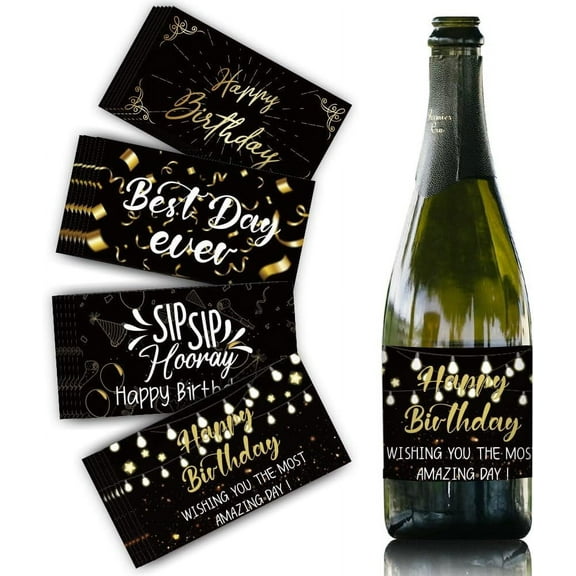 40PCS Happy Birthday Wine Bottle Label Stickers Black Gold Coated Paper Celebrating Adhesive Label Wine Bottle Decorations for Birthday Party Birth Anniversary 9x5CM