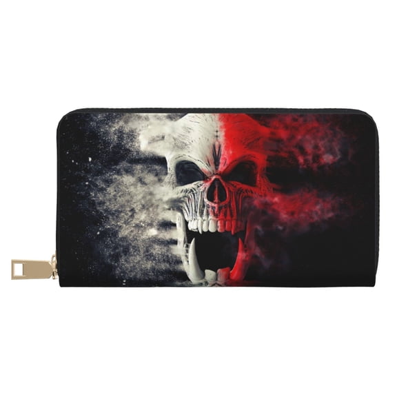 Leather Thin Slim Wallets for Women Men - Red And White Screaming Demon Skull Clutch Card Wallet for Women Men with Zipper