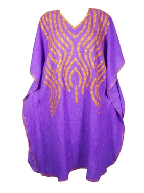 Mogul Women Lavender Embroidery Mid Length Caftan Dress V-Neck Kimono Sleeves Resort Wear Cover Up Tunic Kaftan Dresses 2XL