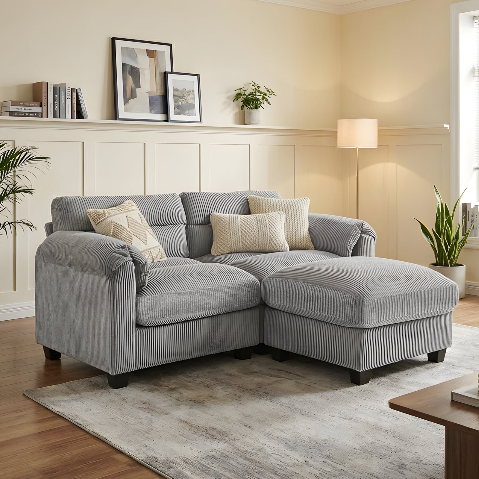 Bonzy Home Modern Loveseat with Ottoman Modular Sectional Sofa Couches for Living Room Entertaining Guests or Relaxing Alone for Small Spaces Apartment Gray