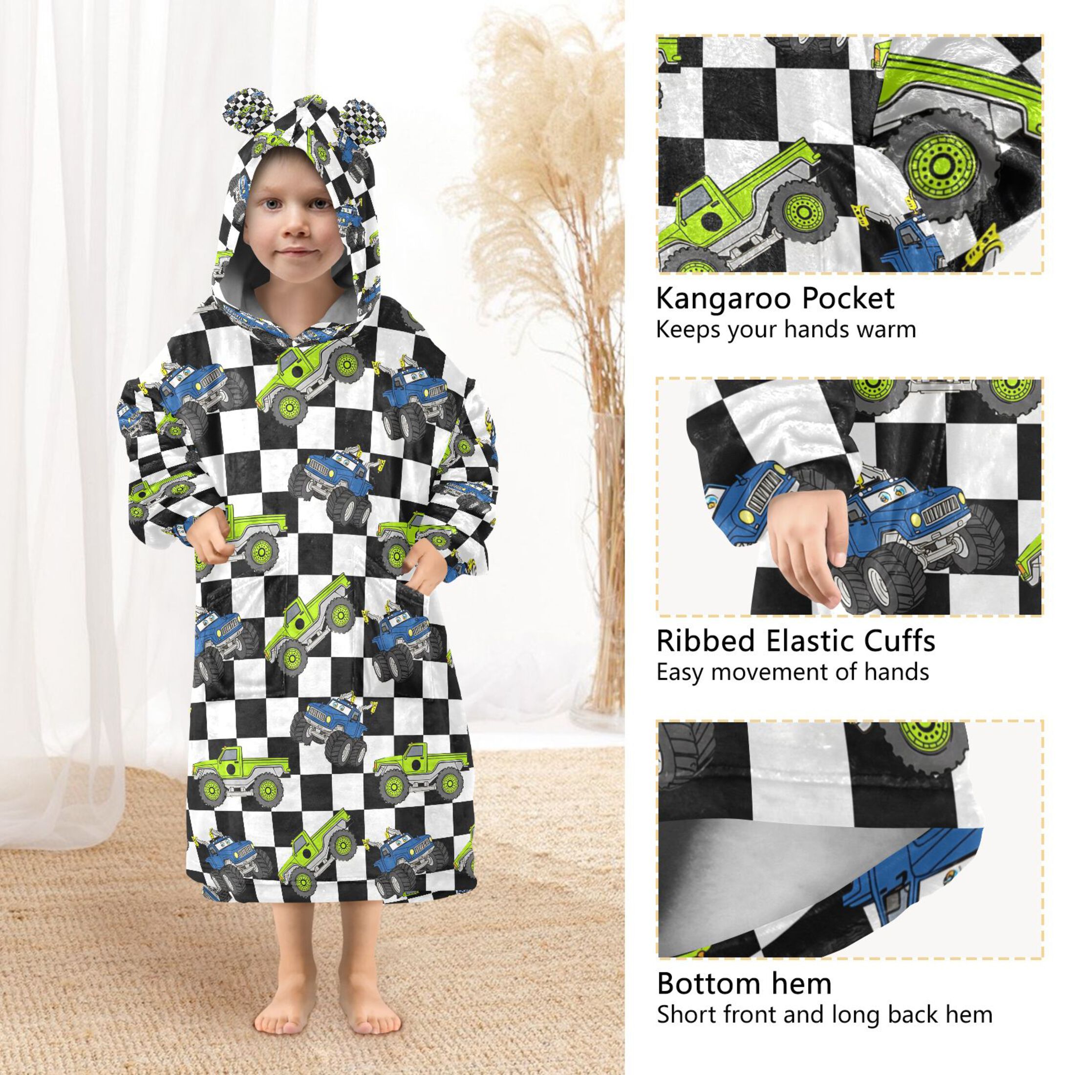 joogoo Wearable Blanket Hoodie for Cartoon Vehicle Car Checkered Flannel Sherpa Pocket 3-14 YR S