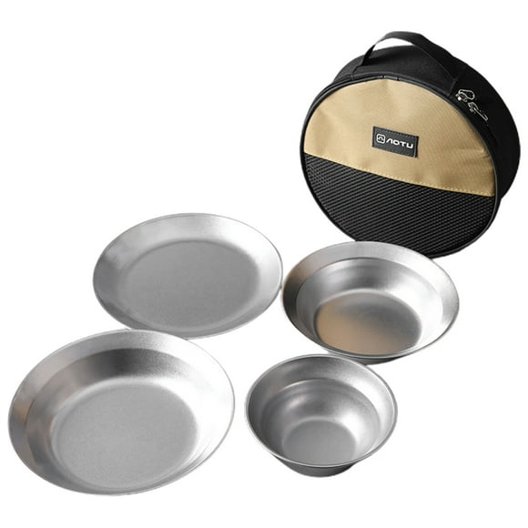 4pcs Camping Tableware Sets Reusable Stainless Steel Plates and Bowls for Outdoor Camping Hiking
