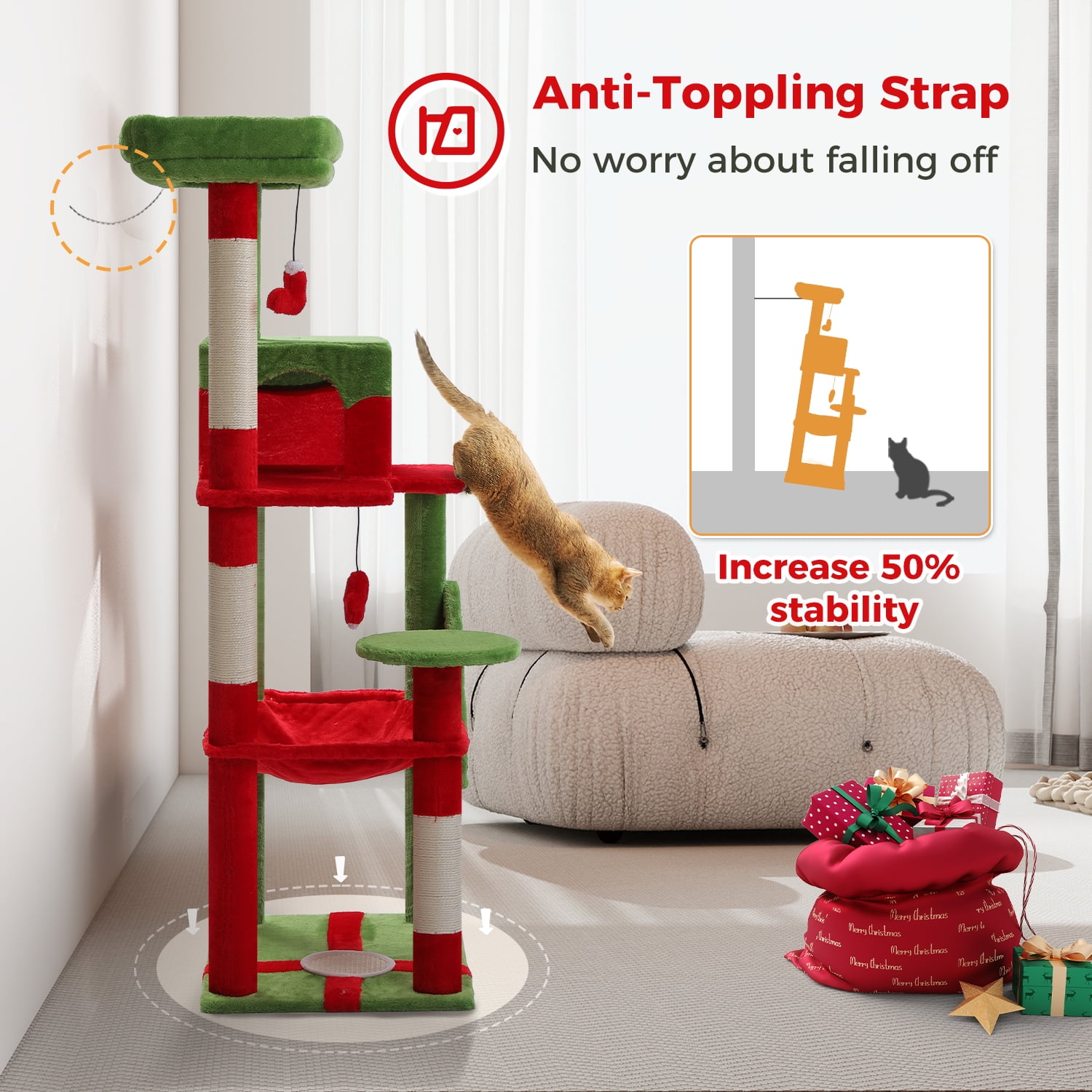 Pefilos 56" Wood Cat Tree Tower for Large Cats, Cat Tree House for Indoor Cats with Cozy Cat Condo, Super Large Hammock and Plush Perches, Red