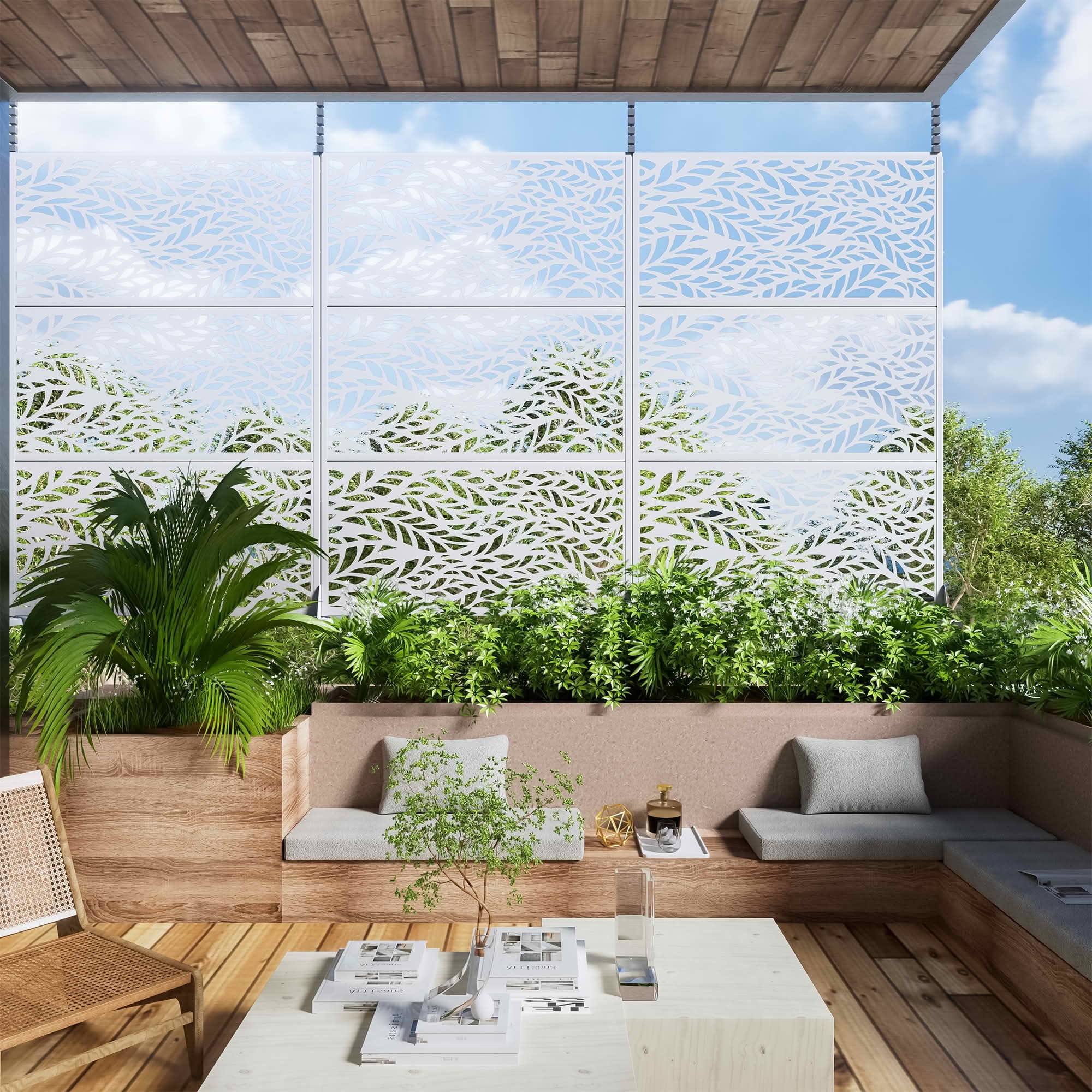MAYEERTY White Galvanized Metal Privacy Screen, Outdoor Garden Patio, 72×47×16in, 3 Panels